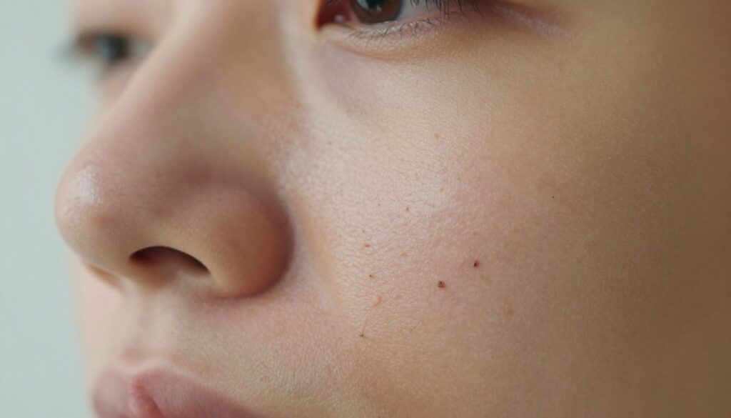 A close-up view of a human face focusing on the skin's surface, specifically highlighting the texture of blackheads (zaskórniki) against a soft, blurred background. The skin should appear healthy but with visible pores and blackheads to illustrate the concept of clogged pores. Use soft, diffused natural lighting to create a clean and clinical feel, enhancing details like sebum and dead skin cells. A macro lens perspective will emphasize the intricacies of the skin texture. The mood should be educational and informative, aimed at offering viewers an understanding of skin care issues. The background should remain unobtrusive to keep attention on the skin's details, with no text or distractions present in the image. A close-up view of a human face focusing on the skin's surface, specifically highlighting the texture of blackheads (zaskórniki) against a soft, blurred background. The skin should appear healthy but with visible pores and blackheads to illustrate the concept of clogged pores. Use soft, diffused natural lighting to create a clean and clinical feel, enhancing details like sebum and dead skin cells. A macro lens perspective will emphasize the intricacies of the skin texture. The mood should be educational and informative, aimed at offering viewers an understanding of skin care issues. The background should remain unobtrusive to keep attention on the skin's details, with no text or distractions present in the image.