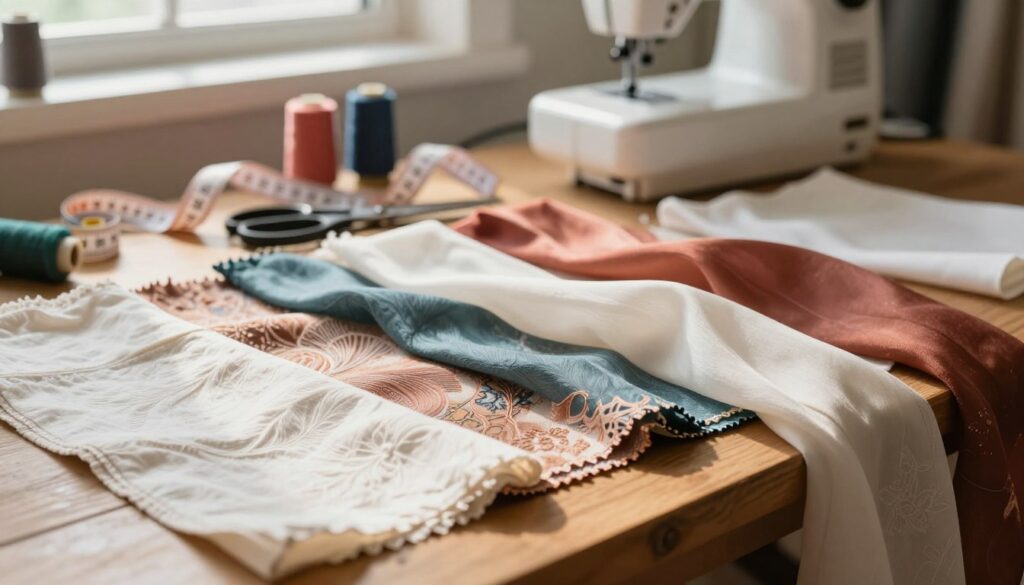 A close-up view of a variety of fabric materials suitable for dress shortening, showcasing textures such as cotton, silk, and chiffon. The foreground features colorful swatches draped elegantly on a wooden table, with intricate patterns visible. In the middle, a pair of scissors and measuring tape lie beside the fabric, hinting at the tailoring process. The background consists of soft, blurred sewing tools and a sewing machine, creating a warm, inviting atmosphere. The lighting is soft and natural, streaming in from a nearby window, casting gentle shadows. The overall mood conveys a sense of craftsmanship and attention to detail, embodying the art of dress alteration. A close-up view of a variety of fabric materials suitable for dress shortening, showcasing textures such as cotton, silk, and chiffon. The foreground features colorful swatches draped elegantly on a wooden table, with intricate patterns visible. In the middle, a pair of scissors and measuring tape lie beside the fabric, hinting at the tailoring process. The background consists of soft, blurred sewing tools and a sewing machine, creating a warm, inviting atmosphere. The lighting is soft and natural, streaming in from a nearby window, casting gentle shadows. The overall mood conveys a sense of craftsmanship and attention to detail, embodying the art of dress alteration.