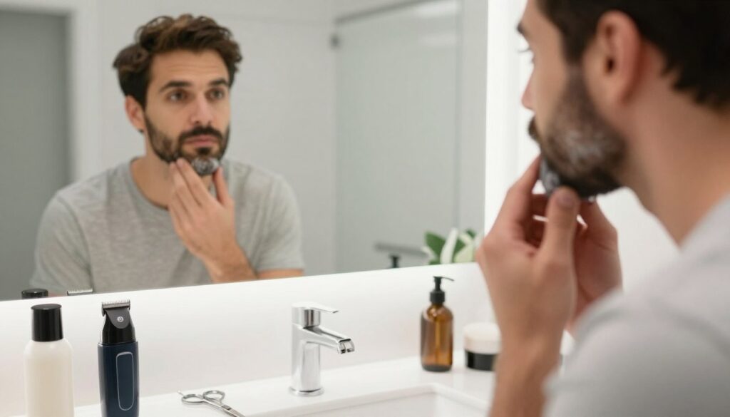 A close-up view of a well-groomed man examining his facial hair in a bright, well-lit bathroom. The foreground features a variety of grooming tools, like scissors and a trimmer, artfully arranged around a sleek vanity. The man's face, depicted in a professional shirt, showcases distinct areas of beard density and growth patterns, illustrating the variety of hair thickness and texture. In the middle ground, a large mirror reflects the man's thoughtful expression as he runs his fingers through his beard, emphasizing the relationship between shaving habits and hair growth. The background is softly blurred, hinting at bathroom decor with a calming, neutral color palette. The overall mood is engaging and informative, encouraging contemplation about personal grooming and its effects on beard density.