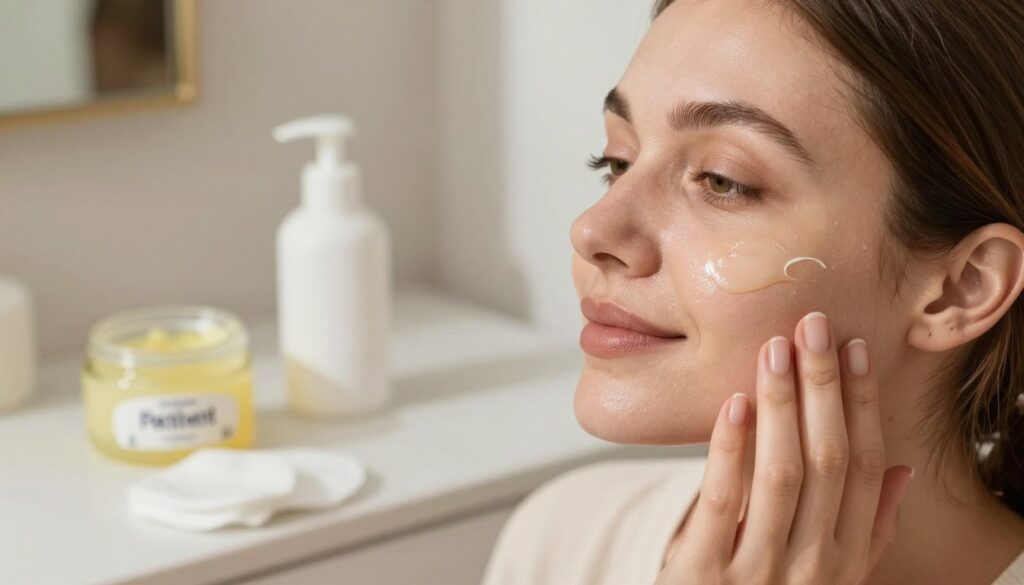A close-up view of a woman’s face after applying petroleum jelly to her skin, highlighting the smooth, glistening effect on her cheeks and forehead. The foreground features the woman gently touching her face, showcasing her hydrated skin. In the middle, carefully arranged beauty products, including a small tub of petroleum jelly and cotton pads, create a clean and organized look. The background consists of soft-focus elements like a cozy bathroom or vanity setting with warm, natural lighting illuminating the scene. The mood is serene and rejuvenating, capturing the essence of skincare routines. The image should evoke a sense of care and self-pampering, with the model dressed in modest casual clothing, enhancing the professional tone of the setting.