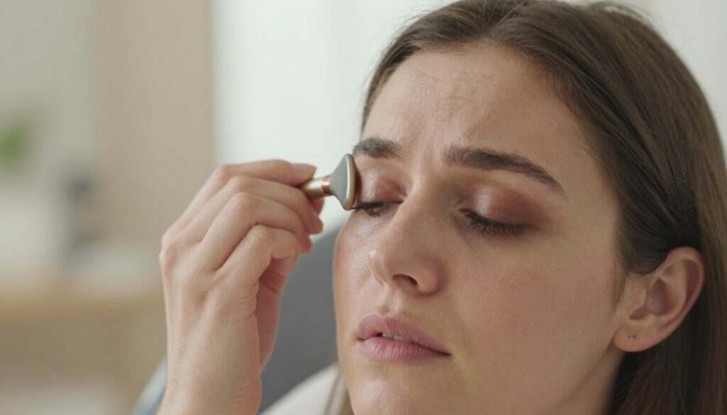 A close-up view of a woman’s face showcasing noticeable dark circles under her eyes, illustrating the effects of stress and fatigue. The foreground features her skin texture, highlighting the shadows and subtle tones of the under-eye area. In the middle ground, the woman, dressed in a professional yet casual outfit, gently rolls a facial tool under her eyes, emphasizing the act of facial rolling. The background is softly blurred, featuring a calming, neutral-toned spa environment with natural light filtering through, creating a serene atmosphere. The lighting is soft and diffused, enhancing her natural beauty while capturing the essence of skincare and wellness practices.