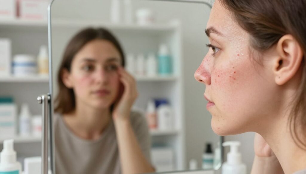 A close-up view of a woman’s face with various skin conditions, including small bumps and redness indicating facial acne, depicted in a clinical setting. The foreground focuses on her skin, showcasing the textures and colors associated with acne, like pustules and small cysts. In the middle, include a mirror reflecting the woman’s contemplative expression as she examines her skin; she wears modest casual clothing. The background displays shelves filled with skincare products and a soft light illuminating the scene, creating a calm atmosphere. Natural sunlight filters in, enhancing the details of her skin while maintaining a professional and informative tone. The overall mood is serious yet hopeful, suggesting a journey toward clearer skin.