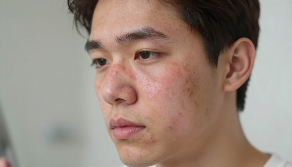 A close-up view of a young person's face, showcasing distinct skin changes caused by acne. The foreground should highlight areas of red post-inflammatory erythema (PIE) and brown post-inflammatory hyperpigmentation (PIH) on the cheeks and forehead, showing clearly defined spots and uneven skin tone. In the middle ground, the person should be thoughtfully looking into a mirror, shedding light on their skin concerns. The background should be softly blurred, depicting a clean, serene bathroom atmosphere with soft, natural lighting that emphasizes the skin's textures. Use a shallow depth of field to focus on the face, creating an intimate and empathetic mood for the viewer. No text or markings should be present.