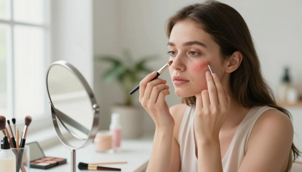 A close-up view of a young woman applying makeup to cover a blemish on her cheek, demonstrating techniques to visually reduce redness. She sits at a well-lit vanity, with soft, natural lighting cascading from a nearby window. In the foreground, the focus is on her hand gently dabbing a concealer onto the pimple with a small brush. The middle layer shows her concentration in the mirror, her expression calm and determined, with a neutral makeup palette and brushes neatly organized around her. The background features a subtle blur of decorative plants and skincare products, creating a serene atmosphere. The overall mood reflects empowerment and confidence in skincare routine.