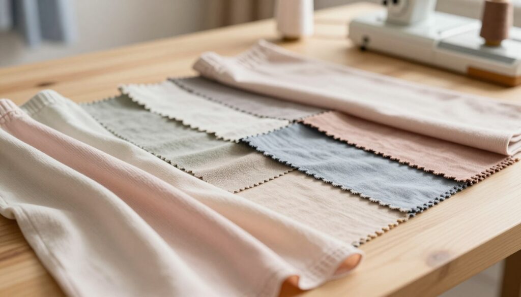 A close-up view of an assortment of thin cotton fabrics suitable for women's joggers, showcasing a variety of textures and colors. The foreground features delicate, flowing samples of cotton in pastel shades, draped elegantly to highlight their softness and lightweight nature. In the middle ground, an array of fabric swatches is neatly arranged, demonstrating different weights and finishes, reflecting quality craftsmanship. The background includes a softly lit workshop environment, with a wooden table and sewing tools subtly out of focus, creating an inviting atmosphere for garment creation. The lighting is warm and natural, enhancing the colors of the fabrics and casting gentle shadows. The scene evokes a sense of creativity and comfort, perfect for illustrating high-quality materials for women's clothing. A close-up view of an assortment of thin cotton fabrics suitable for women's joggers, showcasing a variety of textures and colors. The foreground features delicate, flowing samples of cotton in pastel shades, draped elegantly to highlight their softness and lightweight nature. In the middle ground, an array of fabric swatches is neatly arranged, demonstrating different weights and finishes, reflecting quality craftsmanship. The background includes a softly lit workshop environment, with a wooden table and sewing tools subtly out of focus, creating an inviting atmosphere for garment creation. The lighting is warm and natural, enhancing the colors of the fabrics and casting gentle shadows. The scene evokes a sense of creativity and comfort, perfect for illustrating high-quality materials for women's clothing.