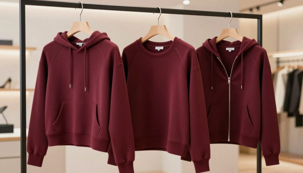 A collection of three distinct styles of burgundy women's sweatshirts displayed on a sleek, modern clothing rack. The first is a short, fitted hoodie with a kangaroo pocket, the second is a relaxed-fit pullover, and the third is an open-front zip-up hoodie. Each sweatshirt showcases rich burgundy tones and contrasting thread details. The scene is softly lit with warm, ambient lighting, highlighting the textures of the fabrics. In the background, a blurred minimalist boutique setting enhances the focus on the sweatshirts. The mood is casual yet fashionable, inviting viewers to explore the versatility of burgundy in activewear. Showcase the garments from a slightly angled view for depth.