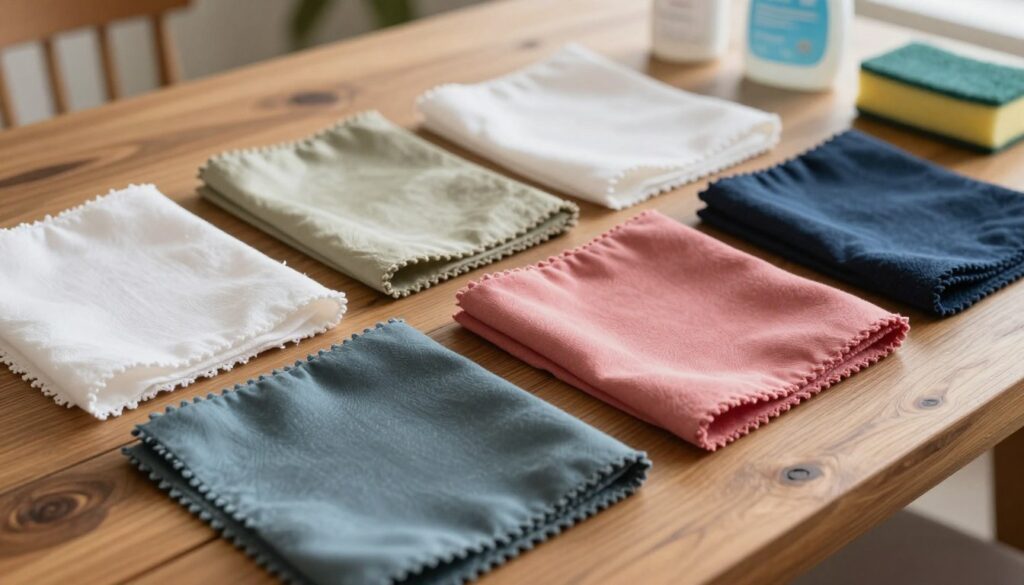 A collection of various fabric swatches displayed elegantly on a textured wooden table, showcasing different materials such as cotton, silk, and polyester. Each swatch represents a unique color palette, including pastel shades, vibrant hues, and dark tones. Gentle, diffused natural lighting illuminates the fabrics, highlighting their textures and details. In the background, faint hints of cleaning supplies, like a gentle detergent and sponge, are subtly placed to suggest a cleaning theme. The atmosphere is calm and inviting, evoking a sense of care and attention to the delicate treatment of fabrics. Capture the rich textures and colors while focusing on the interplay of light and shadow, accentuating the fabrics' quality and beauty.