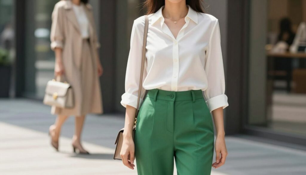 A confident woman wearing stylish green pants, demonstrating a versatile outfit choice. She is paired with a chic blouse in a complementary color, such as soft white or muted beige, standing in a well-lit, modern urban setting. The foreground focuses on her confident posture and the intricate details of the blouse and pants fabric. In the middle ground, a subtle blur showcases other fashion elements like a trendy handbag and shoes that match her outfit, enhancing the overall style without distraction. The background contributes to a vibrant city atmosphere, with soft natural lighting illuminating her and casting gentle shadows. The mood conveys fashion-forward elegance and sophistication, perfect for exploring color coordination.