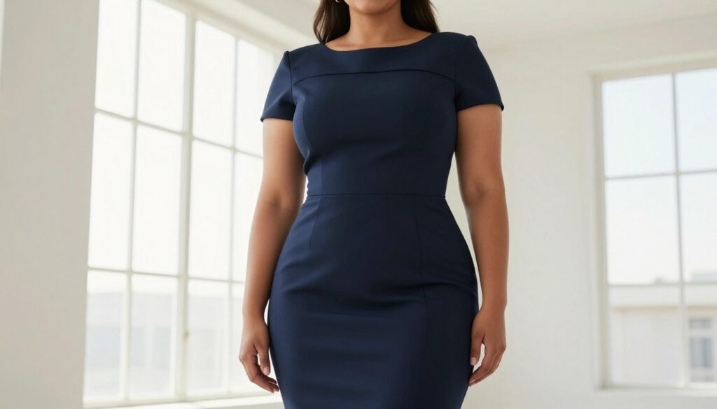 A confident woman with wide shoulders stands elegantly in a stylish dress, showcasing a flattering silhouette. The dress features a sophisticated neckline and balanced sleeves that complement her proportions, emphasizing her strong frame. Set in a bright, well-lit studio with soft diffused daylight streaming through large windows, enhancing the elegant fabric of the dress. The background is minimalistic, focusing attention on the figure while maintaining a clean and polished look. The mood is empowering and sophisticated, reflecting modern fashion choices that harmonize with body shapes. Capture the scene using a slightly low-angle perspective to highlight the subject's powerful stance and graceful poise, conveying confidence and elegance.
