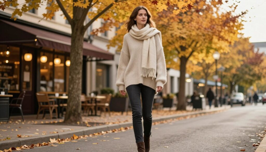 A cozy and stylish autumn scene featuring a woman wearing an oversized sweater layered with a lightweight scarf, capturing the essence of cooler days. She stands on a city street lined with trees displaying vibrant autumn leaves, dressed in dark jeans and ankle boots, embodying a chic yet casual look. The background showcases a quaint café with warm lighting, inviting a sense of comfort. The lighting is soft and golden, reminiscent of a late afternoon, creating a warm and inviting atmosphere. The camera angle focuses on the woman, capturing her relaxed pose as she strolls. The mood is vibrant and cozy, perfect for showcasing how to wear oversized clothing in fall and winter while looking fashionable.