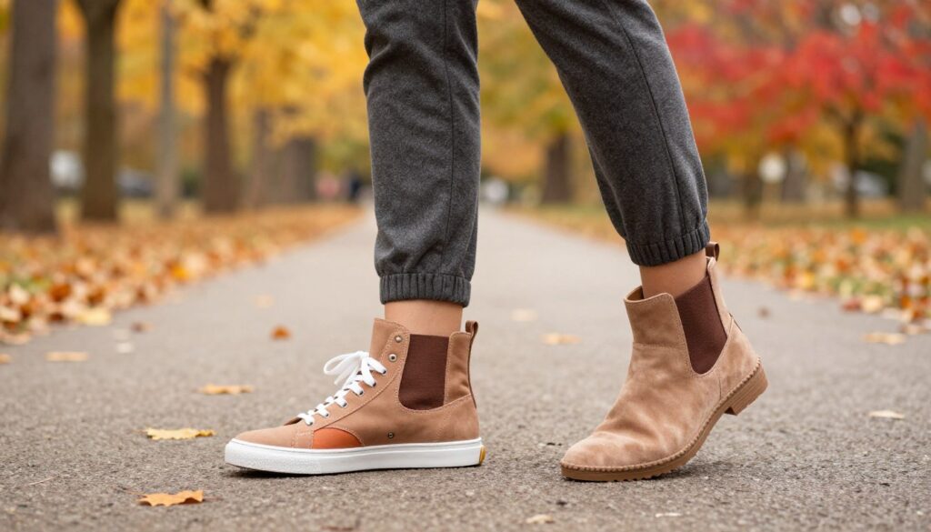 A cozy, autumnal scene highlighting a stylish woman's feet adorned in fashionable sneakers, ankle boots, and moccasins paired with trendy joggers. The foreground features the shoes prominently, showcasing their textures and colors—soft leather for the ankle boots, vibrant canvas for the sneakers, and smooth suede for the moccasins. In the middle ground, a blurred park pathway with fallen leaves evokes the cool autumn vibe, while the background reveals a gentle, soft-focus landscape with trees dressed in golden and red foliage. Warm, diffused lighting captures the essence of a crisp fall day. The overall atmosphere is comfortable and fashionable, perfect for cooler weather, emphasizing the harmony between style and function.