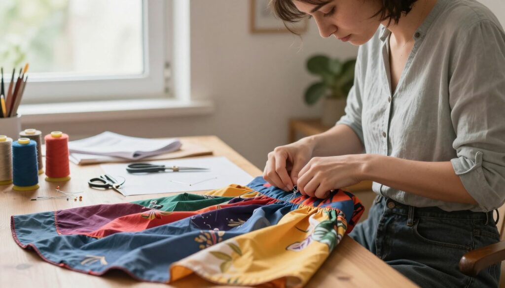 A cozy, well-lit sewing room serves as the background, featuring soft, natural light filtering through a window. In the foreground, a skilled seamstress meticulously adjusts a dress to create a fitted waistline, showcasing vibrant, colorful fabric. On the table beside her, various sewing tools are neatly organized, including a needle and thread, scissors, and pins. The seamstress is dressed in modest casual clothing, focused intently on her task. The image captures the nuances of hand-sewing, emphasizing the delicate process of tailoring with precision. A sense of calm and creativity fills the atmosphere, highlighting the artistry involved in the craft of altering garments by hand.