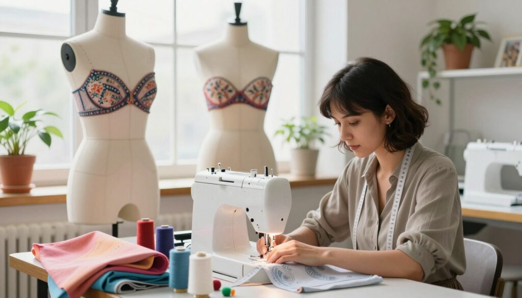 A creative and brightly lit sewing workshop setting, showcasing a skilled artisan expertly altering a traditional bra into a unique, backless design suitable for a dress. In the foreground, the artisan, a woman dressed in a stylish and modest outfit, focuses intently on her sewing machine, surrounded by colorful fabrics and sewing tools. The middle layer features a partially completed backless bra, draped gracefully over a dress form, highlighting intricate patterns and stitches. The background is filled with soft, natural light streaming through large windows, adorned with potted plants, creating a warm and inviting atmosphere. The overall mood is inspiring and artistic, illustrating the transformative process of fashion design.