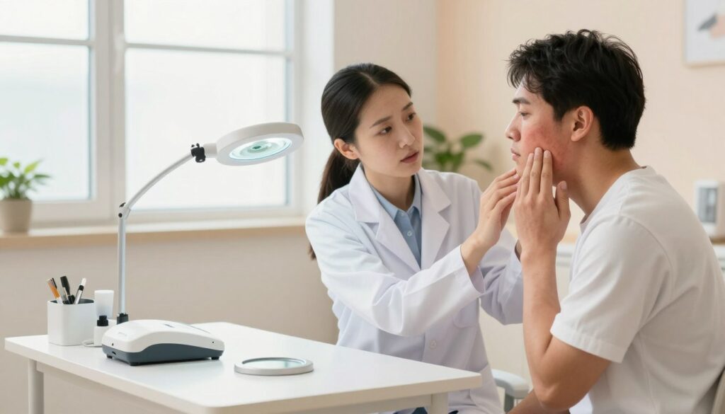 A dermatologist's office with a professional and calming atmosphere, featuring a female dermatologist in a white lab coat, examining a male patient's irritated skin on his cheek. The foreground showcases a small, well-organized consultation table with dermatological tools, such as a magnifying lamp and skin analysis device. In the middle, the dermatologist is attentively discussing symptoms with the patient, who appears concerned yet hopeful. The background features soft, diffused lighting from large windows, giving a warm and inviting feel to the room, with pastel-colored walls and plants for a soothing ambiance. The image conveys a sense of trust and care in addressing skin irritation issues. The angle captures both the consultation and the detailed expressions, emphasizing professionalism and empathy.