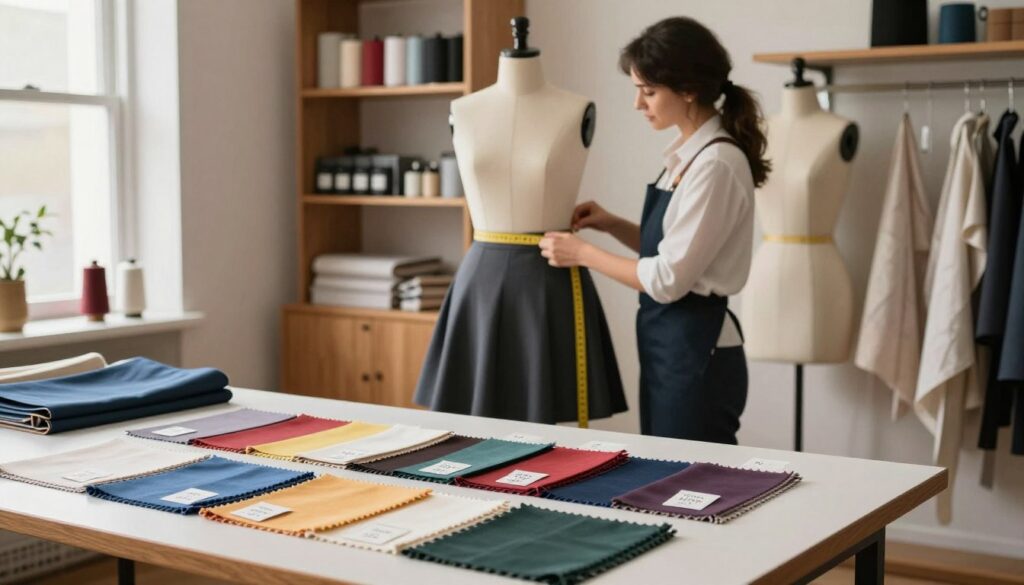 A detailed and elegant display of a sewing workshop focused on garment alterations, specifically showcasing a collection of skirts and their lining prices. In the foreground, a neatly arranged table features various colorful fabric swatches and price tags, symbolizing the cost of shortening skirts. In the middle ground, an experienced seamstress, wearing professional attire, is carefully measuring a skirt on a dress form, highlighting her skill and attention to detail. The background contains shelves filled with sewing supplies and patterns, creating a warm, inviting atmosphere. Soft, natural lighting from a window casts gentle shadows, enhancing the focus on the craftsmanship. The mood is professional yet approachable, emphasizing the expertise of bespoke tailoring services. A detailed and elegant display of a sewing workshop focused on garment alterations, specifically showcasing a collection of skirts and their lining prices. In the foreground, a neatly arranged table features various colorful fabric swatches and price tags, symbolizing the cost of shortening skirts. In the middle ground, an experienced seamstress, wearing professional attire, is carefully measuring a skirt on a dress form, highlighting her skill and attention to detail. The background contains shelves filled with sewing supplies and patterns, creating a warm, inviting atmosphere. Soft, natural lighting from a window casts gentle shadows, enhancing the focus on the craftsmanship. The mood is professional yet approachable, emphasizing the expertise of bespoke tailoring services.