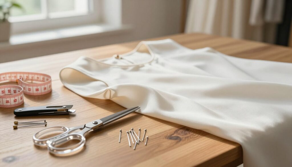 A detailed arrangement of sewing tools for modifying dress necklines on a wooden table. In the foreground, a clear view of scissors, fabric pins, measuring tape, and a seam ripper, neatly organized. The middle ground features a beautifully draped piece of fabric, perhaps silk, showcasing a neckline modification, highlighting the craftsmanship involved. In the background, soft natural light filters in from a window, casting gentle shadows, creating a warm and inviting atmosphere. The scene emphasizes a cozy workspace where creative alterations can take place, evoking a sense of inspiration and practicality. The overall mood is focused and productive, perfect for showcasing essential tools for dress alterations.