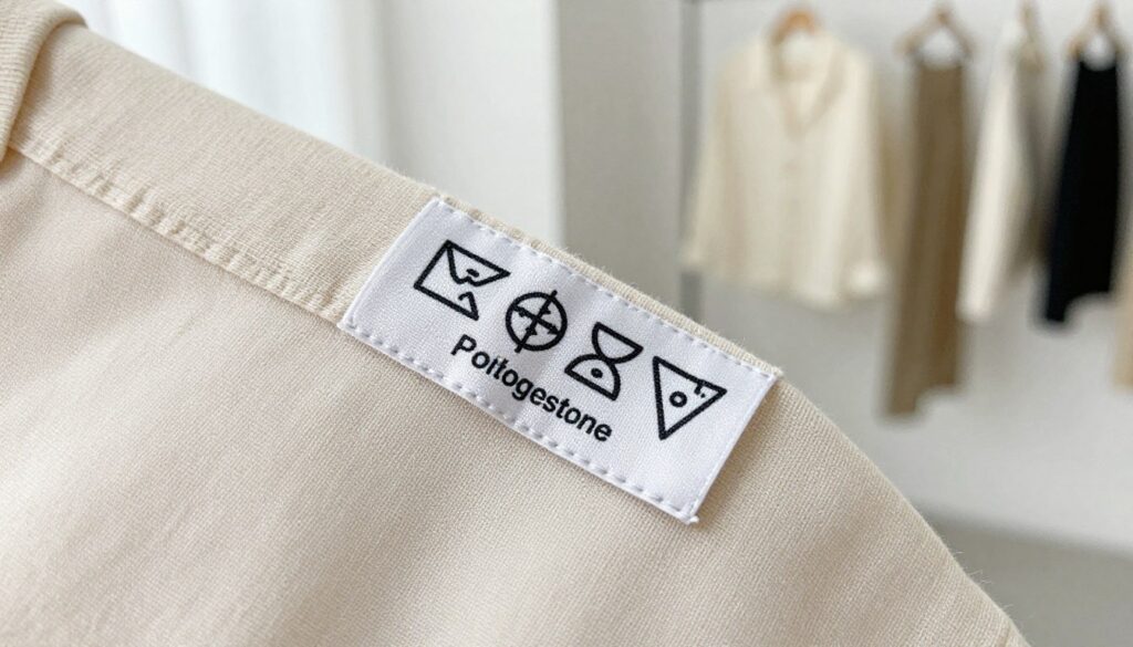 A detailed close-up of a fabric label showing the composition of a knitted blouse, with the label's materials clearly visible, like cotton, polyester, and elastane. The foreground features the textured surface of the fabric, showcasing its softness and stretch. The middle ground includes the label itself, with its stitched edges and clear symbols indicating care instructions. The background is a softly blurred fashion studio environment, with natural light illuminating the scene, creating an airy atmosphere. The image should evoke a sense of comfort and quality, emphasizing the importance of material composition in clothing. The shot should be taken at a slight angle to highlight the details of both the fabric and the label.