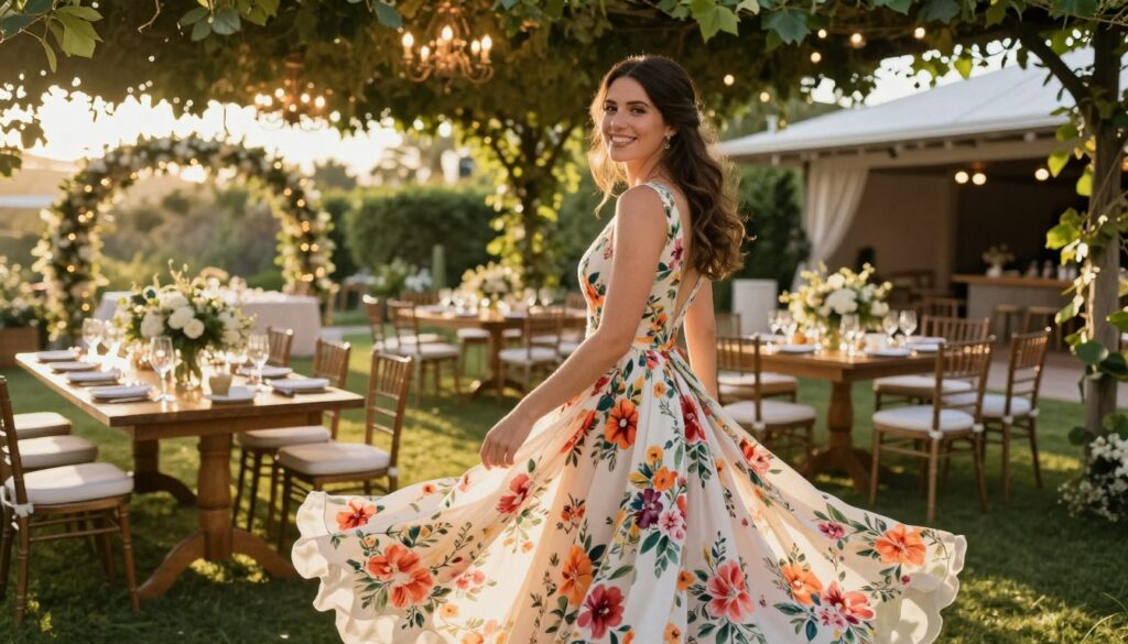 A detailed scene featuring a woman wearing a floral dress suitable for a wedding, standing elegantly in an outdoor garden venue. In the foreground, the dress showcases vibrant floral patterns, with soft, flowing fabric that captures light. The middle ground includes beautifully arranged tables with delicate centerpieces, set under a canopy of greenery. In the background, a serene outdoor setting with decorative arches and festive lighting creates an enchanting atmosphere. The lighting is warm and inviting, mimicking a late afternoon sun, enhancing the cheerful mood. The angle is a slightly elevated view, showcasing the woman and the venue harmoniously, suggesting how the dress complements the event's spirit. The overall tone is joyous and celebratory, reflecting the elegance of a wedding ceremony.