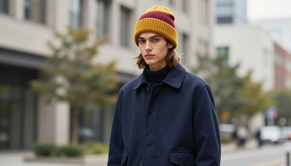 A fashion-forward scene showcasing a stylish navy blue jacket worn by a model standing confidently in an urban setting. The model sports a chic beanie in a complementary color, such as mustard yellow or deep burgundy, incorporating texture and warmth. The foreground features the jacket and hat, highlighting the contrast between the rich navy and the vibrant hat. The middle ground includes blurred city elements, like modern buildings and greenery, creating an inviting atmosphere. Soft, diffused natural lighting casts gentle shadows, enhancing the colors and textures. The image should convey a trendy, casual vibe, suitable for fall or winter fashion, while ensuring the model is dressed modestly and professionally.