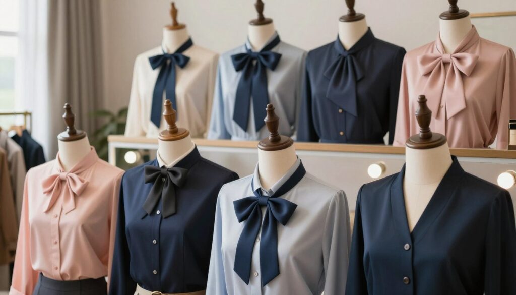A fashionable display showcasing various bow tying styles on a blouse, emphasizing elegance and creativity. In the foreground, diverse blouses with distinct knot variations are elegantly arranged, featuring different fabrics and colors such as soft pastels and deep jewel tones. The middle ground is filled with close-up views highlighting intricate bow designs, including side knots and dramatic draped styles. The background consists of a softly blurred, sophisticated dressing room setting, accentuated by gentle, diffused natural light illuminating the textures of the materials. The atmosphere is chic and inviting, capturing the essence of stylish dressing and inspiring viewers to explore new knot variations that elevate their fashion game.