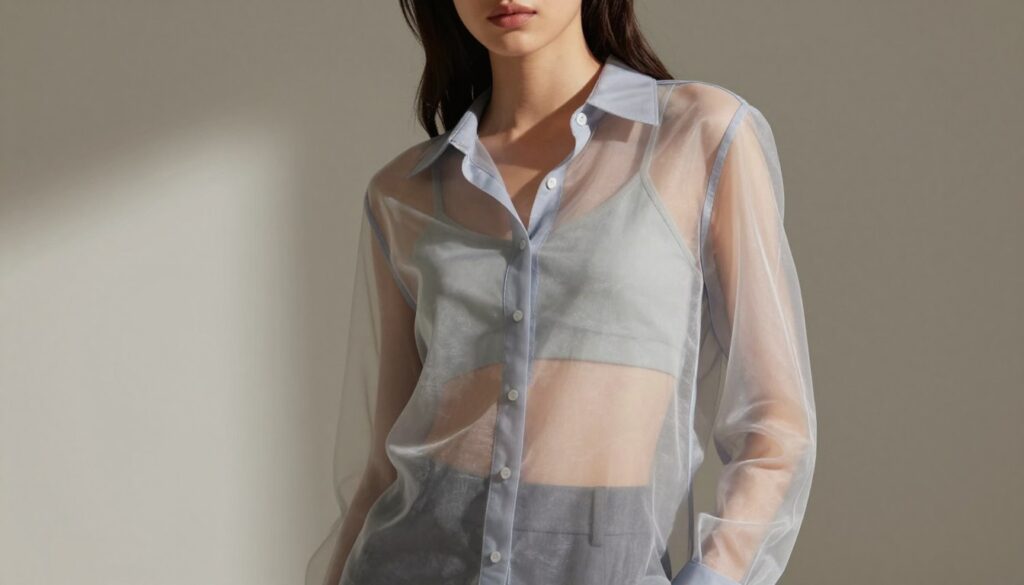A fashionable female model wearing a stylish, sheer blouse that subtly reveals an aesthetically pleasing outfit underneath; the blouse is delicately translucent, showcasing a light, complementary tank top. The model stands confidently in a softly lit studio, casting gentle shadows that enhance the blouse's transparency. The focus is on the fluidity and texture of the fabrics, with a slight breeze giving movement to the blouse. In the background, a minimalist setting features muted colors that complement the overall look without distraction. The mood is chic and elegant, emphasizing modern fashion sensibilities. The angle captures the model from slightly below eye level, creating an engaging perspective that highlights both the blouse and the underlying layers seamlessly. A fashionable female model wearing a stylish, sheer blouse that subtly reveals an aesthetically pleasing outfit underneath; the blouse is delicately translucent, showcasing a light, complementary tank top. The model stands confidently in a softly lit studio, casting gentle shadows that enhance the blouse's transparency. The focus is on the fluidity and texture of the fabrics, with a slight breeze giving movement to the blouse. In the background, a minimalist setting features muted colors that complement the overall look without distraction. The mood is chic and elegant, emphasizing modern fashion sensibilities. The angle captures the model from slightly below eye level, creating an engaging perspective that highlights both the blouse and the underlying layers seamlessly.