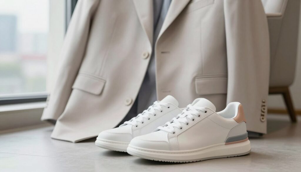 A fashionable pair of sleek, modern sneakers designed to complement a light-colored suit, elegantly displayed in the foreground. The sneakers have clean lines and a minimalist aesthetic, showcasing a blend of white and pastel shades. In the middle ground, a well-tailored light suit is draped over a stylish chair, emphasizing an effortless yet sophisticated look. Soft natural light filters in from a window, creating a bright and inviting atmosphere, while a blurred cityscape can be faintly seen in the background. The image captures a balance of formality and casual style, conveying confidence and contemporary elegance, perfect for a fashion-forward professional setting. The focus is solely on the shoes and the suit, with no additional elements or distractions. A fashionable pair of sleek, modern sneakers designed to complement a light-colored suit, elegantly displayed in the foreground. The sneakers have clean lines and a minimalist aesthetic, showcasing a blend of white and pastel shades. In the middle ground, a well-tailored light suit is draped over a stylish chair, emphasizing an effortless yet sophisticated look. Soft natural light filters in from a window, creating a bright and inviting atmosphere, while a blurred cityscape can be faintly seen in the background. The image captures a balance of formality and casual style, conveying confidence and contemporary elegance, perfect for a fashion-forward professional setting. The focus is solely on the shoes and the suit, with no additional elements or distractions.