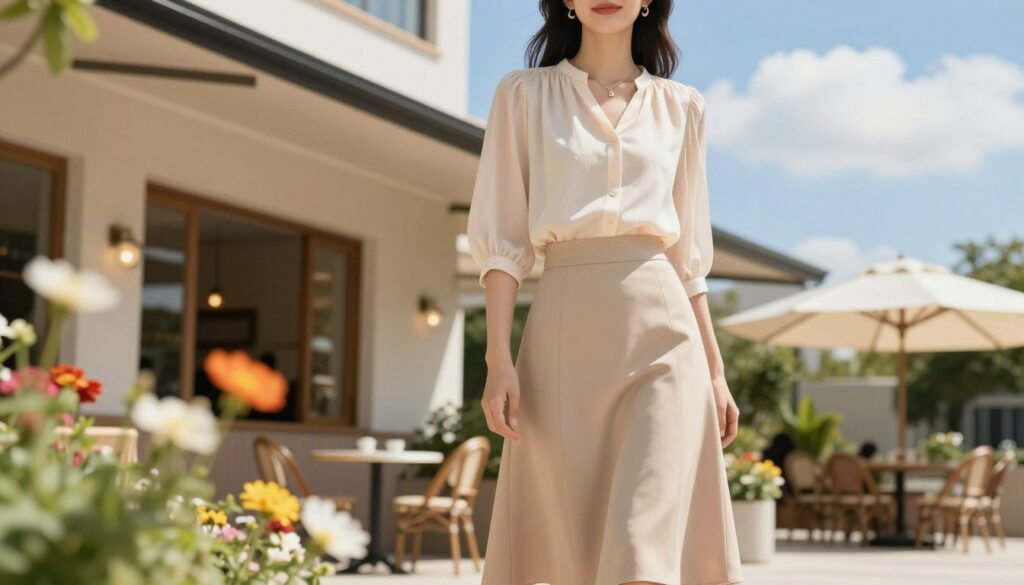 A fashionable woman standing in a sunny outdoor setting, wearing a stylish beige midi skirt paired with a light, airy blouse in pastel colors, suitable for various occasions. She is accessorized with simple yet elegant jewelry, creating a refined look. The foreground features a soft, blurred effect on vibrant flowers blooming nearby, while the middle reveals a tasteful cafe backdrop with gentle outdoor lighting, casting warm shadows. The background includes a clear blue sky with a few fluffy clouds, enhancing the cheerful atmosphere. The angle is slightly tilted to capture both the woman's outfit and the ambiance of the location, conveying a sense of sophistication and casual elegance, perfect for spring or summer styling.
