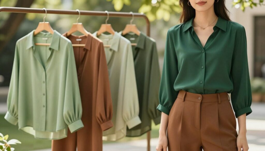 A harmonious composition showcasing a fashion ensemble featuring a brown pair of trousers, complemented by blouses in various shades of green and earth tones. In the foreground, a stylish model wearing a chic, modest blouse in a deep forest green stands confidently. In the middle ground, other blouses in lighter greens and warm earth tones are elegantly displayed on hangers or a stylish rack, highlighting the natural color palette. The background boasts a blurred outdoor setting with soft, dappled sunlight filtering through leaves, creating a warm and inviting atmosphere. The image should be vibrant yet soothing, emphasizing the connection between nature and fashion, captured with a shallow depth of field for a professional and chic look.