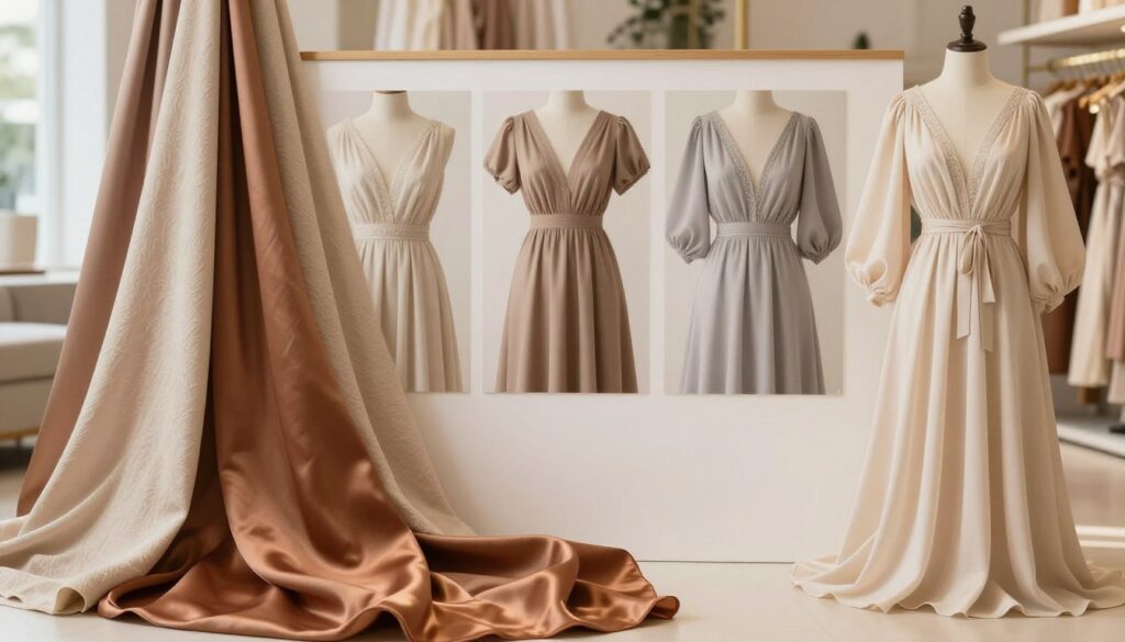 A high-quality fabric swatch layout showcasing various textiles suitable for dresses designed to balance broader shoulders. The foreground features rich, textured materials like soft cotton, luxurious silk, and flowy chiffon, draped elegantly to demonstrate their fluidity. In the middle, a selection of dress patterns that highlight strategic cuts and construction techniques, emphasizing V-necks and balloon sleeves that avoid adding volume at the shoulders. The background has a softly blurred boutique setting with gentle, diffused natural lighting to create a warm, inviting atmosphere. The overall mood should convey sophistication and elegance, highlighting the versatility of fabrics and the importance of dress design in flattering body shapes.
