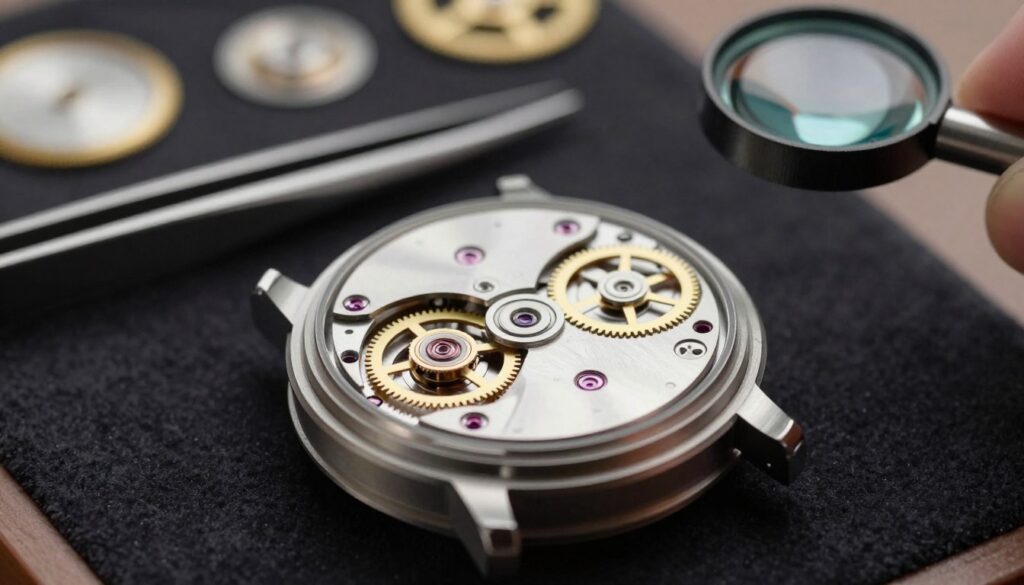 A highly detailed close-up of a watch movement, showcasing intricate gears, springs, and the escapement mechanism, meticulously arranged on a clean, dark velvet background. The foreground should focus on the glimmering metal surfaces and delicate components illuminated by soft, diffused lighting that accentuates their textures and craftsmanship. In the middle ground, a professional watchmaker's tools like tweezers and a loupe should be subtly visible, suggesting an environment of precision and care. The background should be a blurred workbench setting with hints of organized watch parts, creating a sense of context without distraction. The mood should evoke focus and sophistication, emphasizing the importance of meticulous preparation when cleaning a watch to avoid damage to the sensitive mechanism.