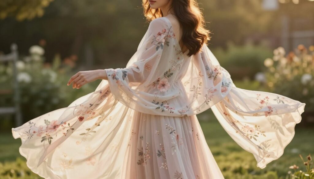 A lightweight, boho-style shawl or wrap (narzutka) elegantly draped over a flowing evening dress. The narzutka is made of sheer fabric, adorned with delicate floral patterns, in soft pastel colors, creating a perfect blend of sophistication and ease. In the foreground, the dress's flowing fabric cascades gracefully, accentuating the softness of the shawl. The middle layer features a woman wearing modest casual attire, her back turned slightly to the viewer, with her hair styled in loose waves, exuding an effortless elegance. In the background, a softly blurred garden setting bathed in warm golden hour light provides a romantic and dreamy atmosphere. Capture this scene from a slightly elevated angle to highlight the layered textures and the graceful movement of the garments.