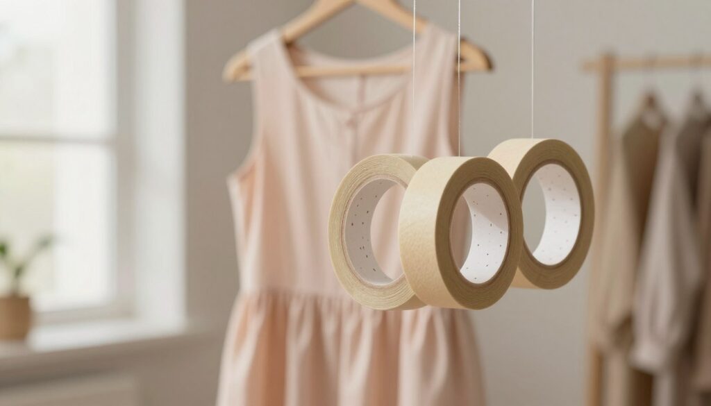 A neatly arranged display of double-sided fabric tape, positioned prominently in the foreground. The tape is a soft beige color with visible adhesive on both sides, accentuating its versatility for clothing adjustments. In the middle of the image, a flowing dress hangs elegantly on a hanger, showcasing a subtle and timeless design. The dress is in a soft pastel shade, allowing the functionality of the tape to shine through. The background features a softly blurred room setting, with warm, natural lighting filtering in through a window, creating a calm and inviting atmosphere. The scene conveys a sense of practicality and creativity, ideal for quick clothing alterations. The focus is on the tape and dress, with no text or distractions present.