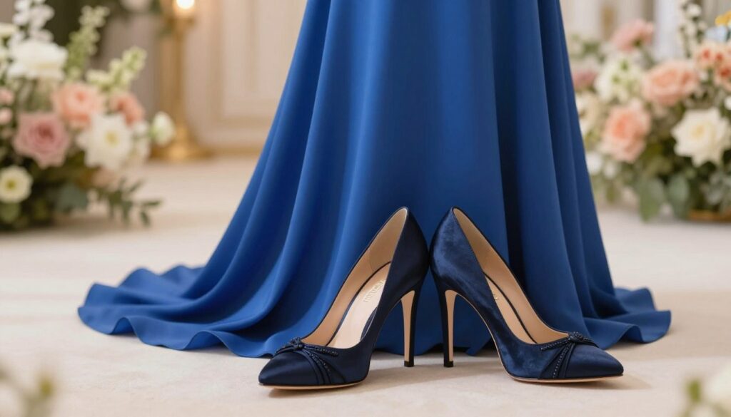 A pair of elegant high-heeled shoes in rich shades of navy blue, carefully styled next to a vibrant blue dress. The foreground showcases the shoes, highlighting their intricate detailing and luxurious texture. The middle layer features the flowing chabrowej dress, elegantly draped to suggest movement and grace. In the background, a softly blurred elegant setting of a wedding or upscale event, adorned with delicate floral arrangements in soft pastels, creating a warm and inviting atmosphere. The lighting is soft and diffused, adding a touch of romance and sophistication. Capture the essence of pairing the perfect footwear with a stunning dress for various occasions, with a focus on elegance and stylish choices.