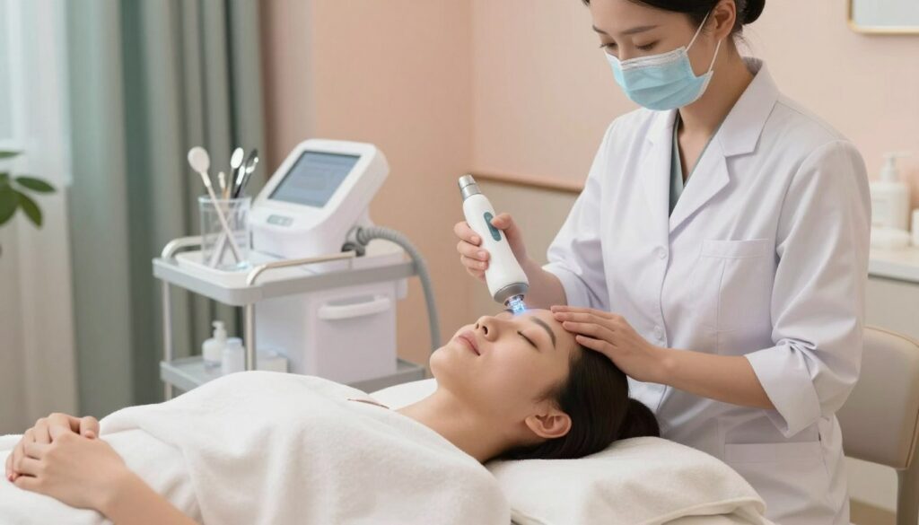 A professional and serene beauty treatment room featuring a hydrogen facial cleansing procedure. In the foreground, a relaxed client with a gentle expression lies on a treatment bed, draped in a soft, white towel, wearing modest clothing. A skilled technician, clad in a clean white lab coat, operates a sleek, modern hydrogen cleansing device, showcasing bubbling hydrogen solution. The middle layer includes clinical tools neatly organized on a side table, and a soothing ambient light casts a soft glow across the room, emphasizing a calming atmosphere. In the background, soft pastel colors adorn the walls, with greenery accentuating a sense of tranquility. The composition captures the essence of a step-by-step beauty treatment process.