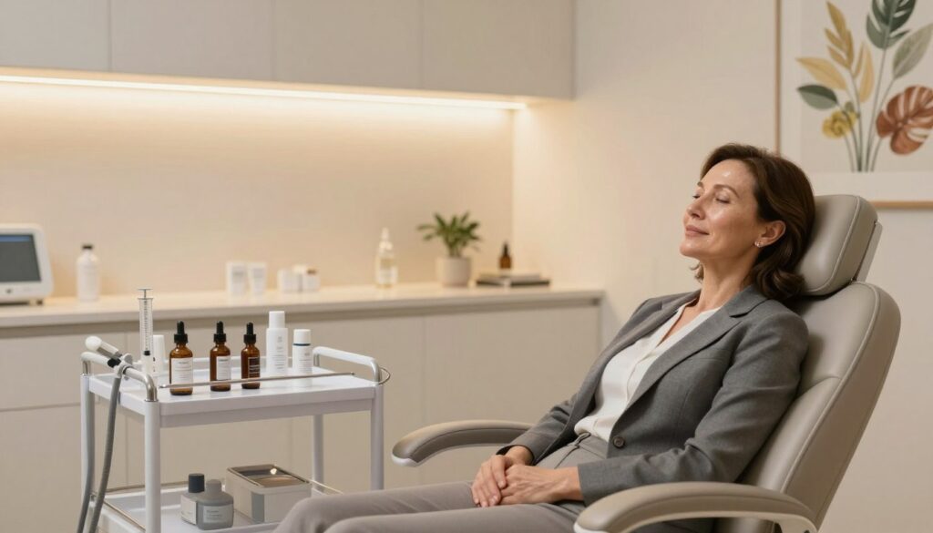 A serene aesthetic medicine clinic interior, showcasing a modern treatment room focused on facial rejuvenation. In the foreground, a middle-aged woman with a relaxed expression sits comfortably in an elegant, ergonomic chair, wearing professional business attire. Her skin appears luminous and youthful, emphasizing the effects of aesthetic treatments. In the middle ground, a well-organized treatment cart displays various skincare products and tools used in cosmetic procedures, such as syringes and serums. The background features soft, warm lighting coming from recessed lights, creating a calm atmosphere. The walls are adorned with soothing art depicting natural elements, enhancing the ambiance of wellness and care. The overall mood conveys professionalism, tranquility, and a focus on effective aesthetic medicine. A serene aesthetic medicine clinic interior, showcasing a modern treatment room focused on facial rejuvenation. In the foreground, a middle-aged woman with a relaxed expression sits comfortably in an elegant, ergonomic chair, wearing professional business attire. Her skin appears luminous and youthful, emphasizing the effects of aesthetic treatments. In the middle ground, a well-organized treatment cart displays various skincare products and tools used in cosmetic procedures, such as syringes and serums. The background features soft, warm lighting coming from recessed lights, creating a calm atmosphere. The walls are adorned with soothing art depicting natural elements, enhancing the ambiance of wellness and care. The overall mood conveys professionalism, tranquility, and a focus on effective aesthetic medicine.