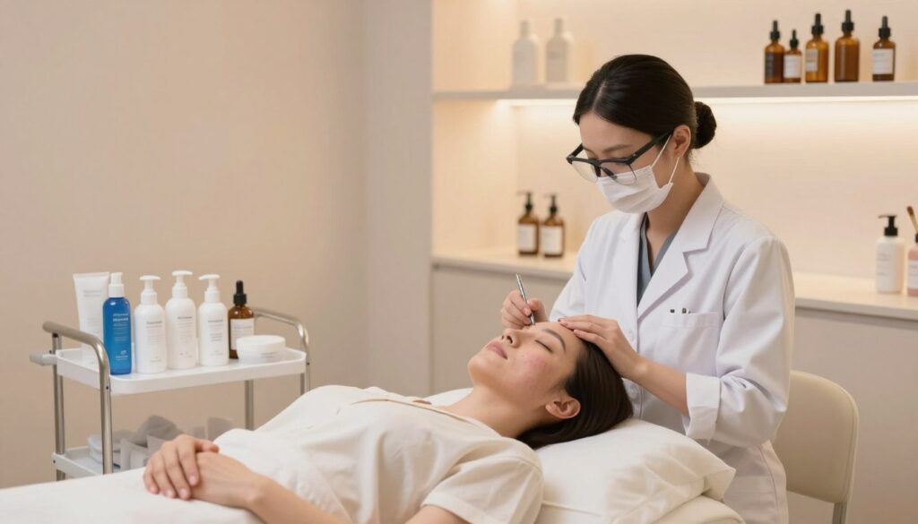 A serene aesthetic treatment room focused on skin rejuvenation, featuring a modern aesthetic table with various skincare products neatly arranged. In the foreground, a professional esthetician wears a crisp white lab coat and protective eyewear, demonstrating a gentle facial treatment on a patient reclined on the table, who is dressed in a comfortable, modest outfit. The middle of the image highlights soft ambient lighting that creates a warm atmosphere, complemented by a calming palette of pastel colors on the walls and decor. In the background, shelves stocked with skincare serums and tools are visible, enhancing the professional setting. Overall, the mood is tranquil and inviting, suitable for illustrating effective treatments for acne scars and skin discoloration.
