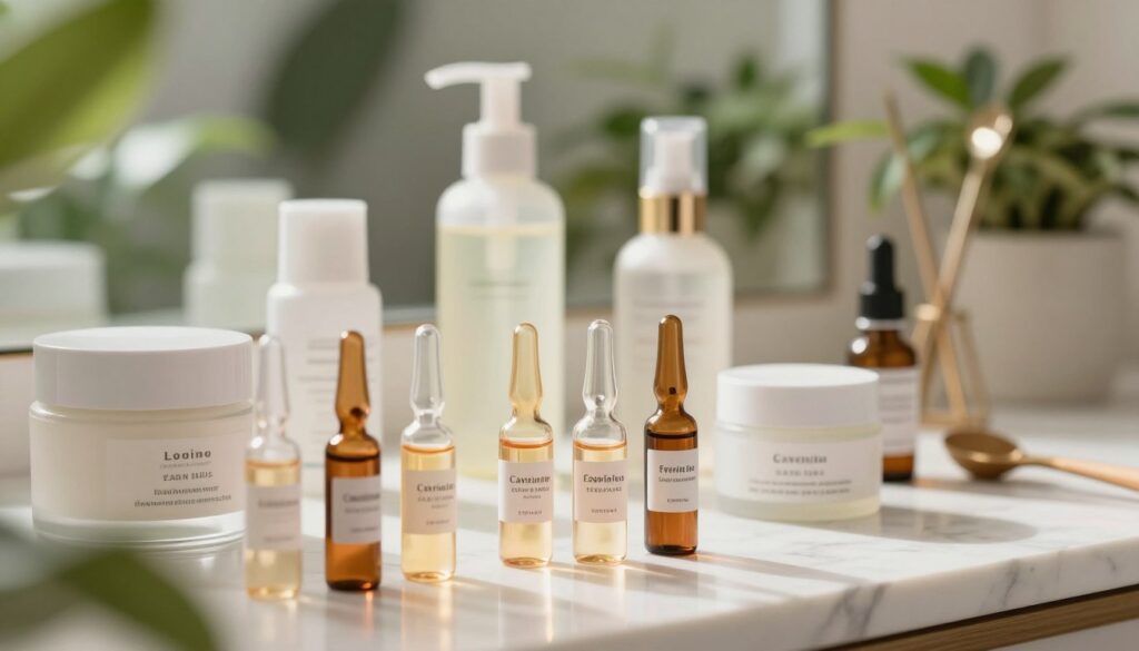 A serene and aesthetically pleasing skincare setting featuring a selection of ampoules and cosmetics specifically for cavitation treatments. In the foreground, focus on elegantly arranged ampoules in various shapes and colors, highlighting their labels in a clear and inviting manner. In the middle, display ethereal skincare products like moisturizers and soothing serums, arranged neatly on a marble countertop. The background should feature soft, blurred elements like lush greenery or elegant skincare tools to enhance the tranquil atmosphere. Natural light filters in softly, creating a warm glow across the scene. The mood is calm, inviting, and professional, ideal for a skincare article. No text or branding should be present. A serene and aesthetically pleasing skincare setting featuring a selection of ampoules and cosmetics specifically for cavitation treatments. In the foreground, focus on elegantly arranged ampoules in various shapes and colors, highlighting their labels in a clear and inviting manner. In the middle, display ethereal skincare products like moisturizers and soothing serums, arranged neatly on a marble countertop. The background should feature soft, blurred elements like lush greenery or elegant skincare tools to enhance the tranquil atmosphere. Natural light filters in softly, creating a warm glow across the scene. The mood is calm, inviting, and professional, ideal for a skincare article. No text or branding should be present.