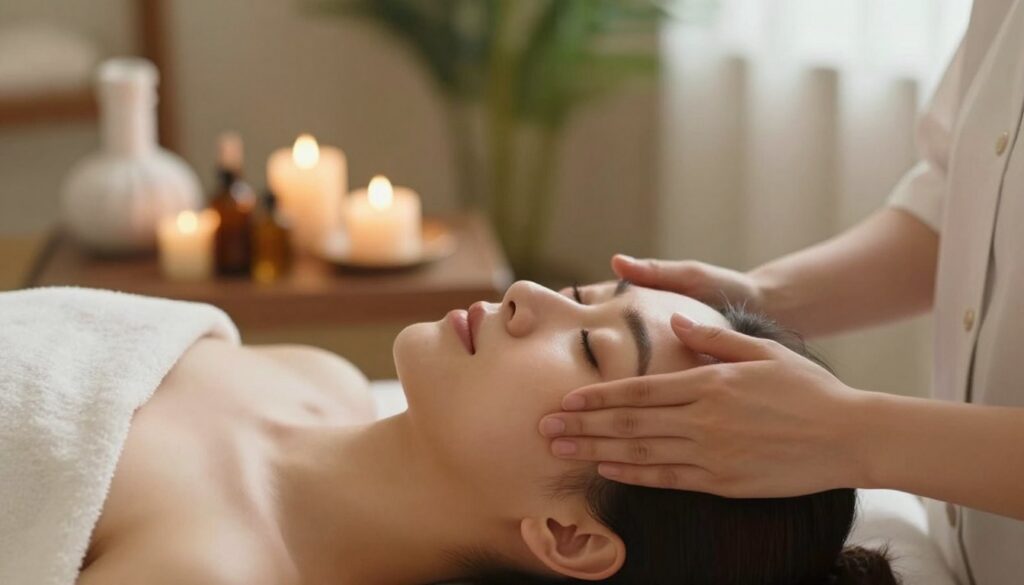 A serene and calming scene depicting a close-up of a woman receiving a forehead massage in a softly lit spa environment. The foreground features her relaxed face, focusing on her forehead and the gentle hands of a professional therapist applying soothing pressure. In the middle ground, a tasteful arrangement of massage oils and candles creates an inviting atmosphere, while a blurred backdrop reveals a tranquil spa setting with soft greenery and plush furnishings. The lighting is warm and soft, emphasizing a sense of relaxation and wellness. The mood is peaceful and rejuvenating, capturing the essence of facial massage for stress relief and wrinkle smoothing. The woman is dressed in modest spa attire, ensuring a professional and comforting visual.