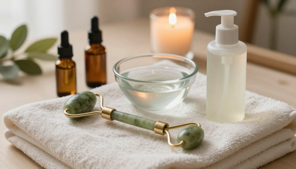 A serene and elegant spa setting, featuring a beautifully arranged skincare preparation station. In the foreground, a jade roller rests on a soft, terrycloth towel surrounded by essential oil bottles and a gentle facial cleanser. The jade roller has a smooth, luxurious texture, glistening softly in the light. In the middle, a small glass bowl filled with chilled water reflects the soft lighting, evoking a sense of freshness and relaxation. The background features a softly lit ambiance with soothing candles and botanicals, creating a calm and inviting atmosphere. The lighting is soft and diffused, casting gentle shadows that enhance the tranquil mood of the space, ideal for preparing for a facial massage.