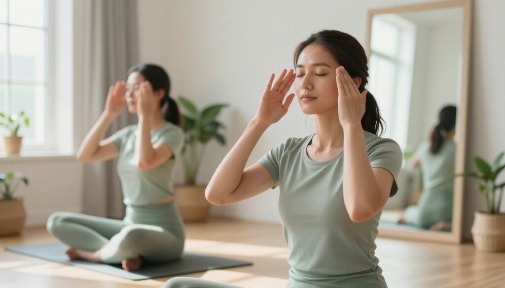 A serene and inviting indoor environment showcasing a female figure practicing face yoga. In the foreground, the woman is depicted in a modest, casual outfit, such as a soft, fitted shirt and yoga pants, as she performs various facial exercises. Her expression is focused and serene, capturing the essence of mindfulness. The middle ground features a bright, well-lit room with calming colors, such as soft greens and whites, with plants subtly placed to create a relaxing atmosphere. In the background, a large, well-lit mirror reflects her movements, enhancing the sense of reflection and self-care. Natural light streams in through a window, casting gentle shadows that add depth. The overall mood is tranquil and uplifting, emphasizing health and well-being.