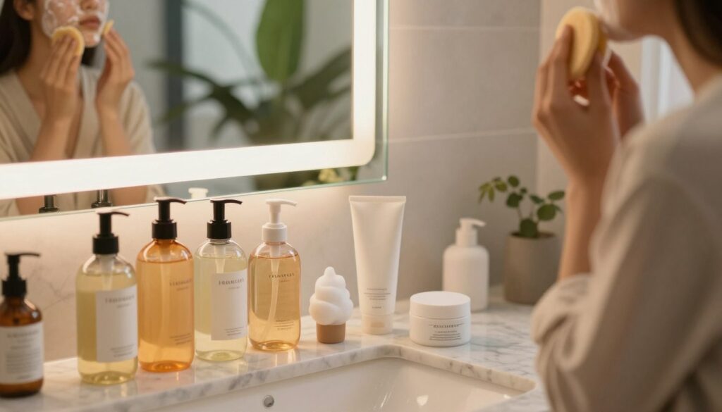 A serene bathroom scene focusing on skincare, showcasing a diverse collection of facial cleansers arranged on a marble countertop. In the foreground, there are elegant bottles of gel, foam, and cream cleansers, reflecting soft light, emphasizing their textures. In the middle ground, a stylish mirror with a gentle glow highlights the reflection of a person, wearing a modest casual outfit, applying a cleanser to their face with a soft, natural sponge. The background features lush greenery peeking through a window, creating a tranquil and refreshing ambiance. The lighting is warm and inviting, enhancing the overall mood of relaxation and self-care, with a soft focus on the skincare products to draw attention to the topic of effective facial cleansing routines.