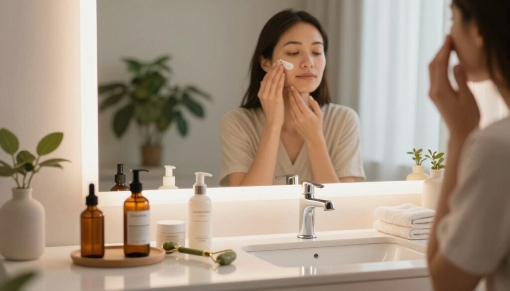 A serene bathroom scene showcasing a step-by-step daily wrinkle care routine. In the foreground, a stylish vanity table holds an array of skincare products like serums, moisturizers, and a jade roller, all elegantly arranged. A beautifully lit mirror reflects soft morning light, illuminating the space. In the middle ground, a person in modest casual clothing is gently applying a cream to their face, their expression focused and serene. A houseplant adds a touch of nature to the warm atmosphere. In the background, delicate towels and a calming decor enhance the ambiance, promoting relaxation and self-care. Use soft, natural lighting to create a peaceful mood, emphasizing tranquility and wellness.