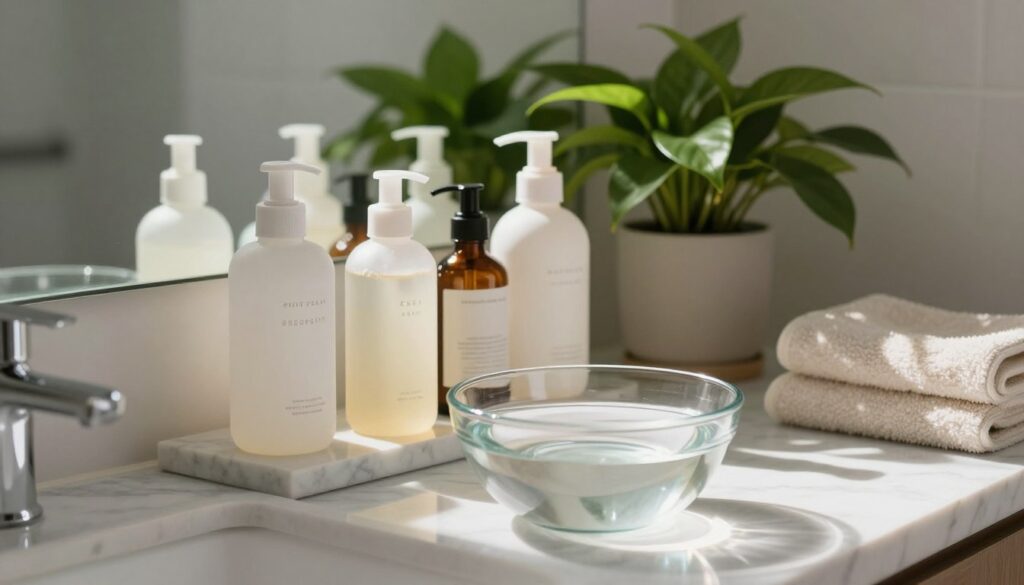 A serene bathroom setting featuring a beautifully arranged selection of skincare products for oily skin cleansing. In the foreground, a sleek glass bowl filled with water is complemented by gentle natural light filtering in through a window, casting soft reflections. The middle layer includes elegant bottles of cleansers, toners, and exfoliators, elegantly displayed on a marble countertop, alongside a lush green plant for a touch of freshness. In the background, hints of a softly lit mirror and neutral-toned towels add to the calming atmosphere. The overall mood is clean, inviting, and peaceful, evoking a sense of skincare routine focused on balancing oil without oversensitivity. The composition should be intimate yet spacious, with a shallow depth of field to draw attention to the products. A serene bathroom setting featuring a beautifully arranged selection of skincare products for oily skin cleansing. In the foreground, a sleek glass bowl filled with water is complemented by gentle natural light filtering in through a window, casting soft reflections. The middle layer includes elegant bottles of cleansers, toners, and exfoliators, elegantly displayed on a marble countertop, alongside a lush green plant for a touch of freshness. In the background, hints of a softly lit mirror and neutral-toned towels add to the calming atmosphere. The overall mood is clean, inviting, and peaceful, evoking a sense of skincare routine focused on balancing oil without oversensitivity. The composition should be intimate yet spacious, with a shallow depth of field to draw attention to the products.