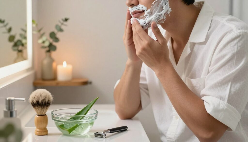 A serene bathroom setting focusing on skincare and shaving techniques. In the foreground, a clear glass bowl filled with soothing aloe vera gel and a high-quality shaving brush positioned next to a vintage razor. In the middle, a man gently applying a hydrating cream to his freshly shaved face, dressed in a simple, modest white shirt with rolled-up sleeves. The background features a well-lit mirror reflecting warm natural light, with eucalyptus and calming candles on a wooden shelf, creating a spa-like atmosphere. Soft, diffused lighting enhances the peaceful mood and highlights the importance of skin care in shaving routines.