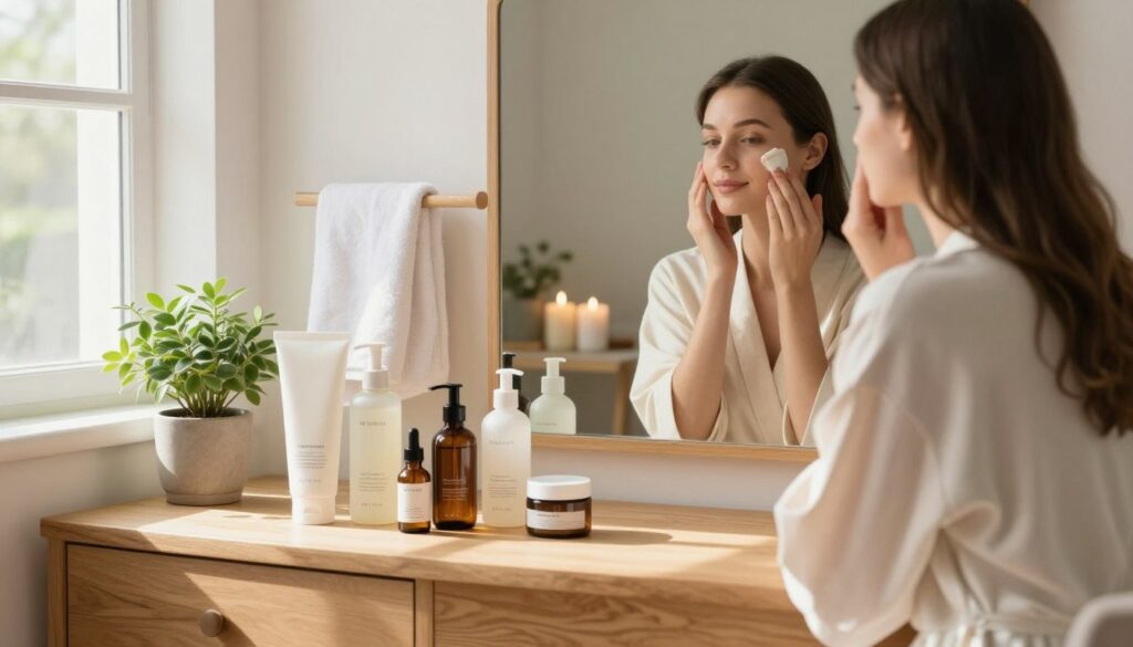 A serene bathroom setting illuminated by soft, warm natural light streaming through a window. In the foreground, a stylish wooden vanity table holds an array of skincare products, such as cleansers, toners, serums, and moisturizers, artfully arranged. A small potted plant adds a touch of greenery. In the middle, a mirror reflects a young woman wearing a light, modest robe, gently applying a serum to her face, exuding a sense of calm and focus. The background features tasteful decor, with soft towels and candles, creating a tranquil, inviting atmosphere. The overall mood is fresh, rejuvenating, and promotes a sense of daily self-care routine for achieving clear skin. Capture the image with a slightly angled lens to emphasize depth and warmth.