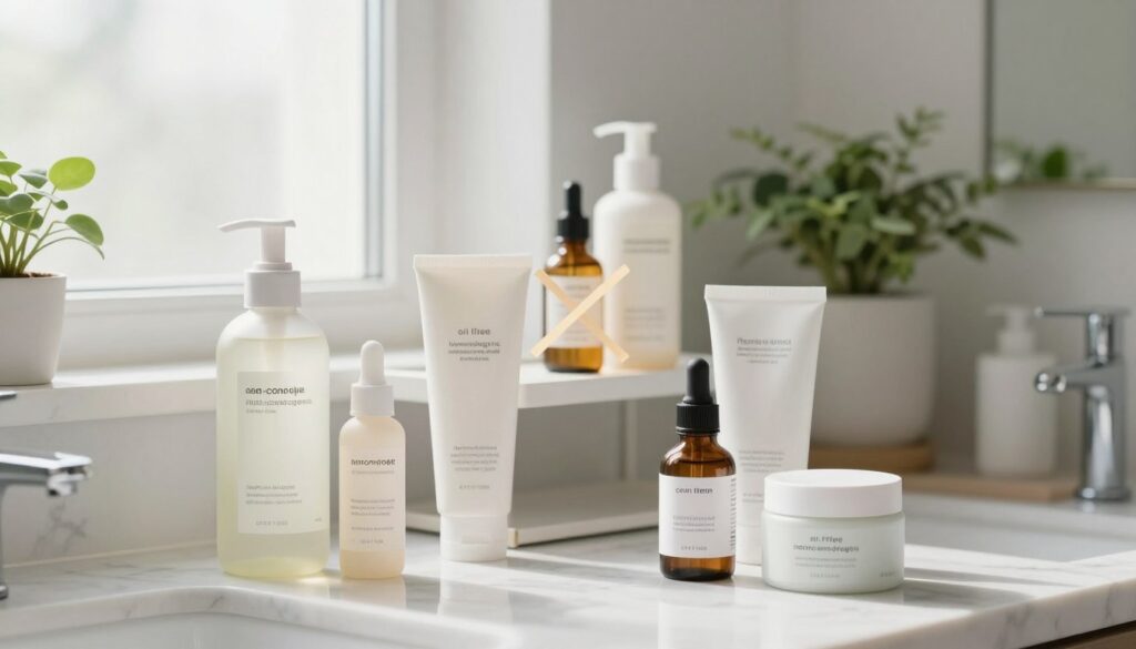 A serene bathroom setting with a soft, natural light filtering through a frosted window, creating a calming atmosphere. In the foreground, array of skincare products specifically designed for acne-prone skin, prominently displaying labels like "non-comedogenic" and "oil-free". Include a bottle of gentle cleanser, a lightweight moisturizer, and a small jar of exfoliating mask, all arranged neatly on a clean marble countertop. In the middle, a well-organized shelf with a few products crossed out, such as heavy oils and alcohol-based toners, visually marked in a soft, minimalist style. The background features gentle green plants, giving a fresh and clean vibe, emphasizing skincare routine clarity. The overall mood is informative yet inviting, promoting a sense of care and awareness for healthy skin.