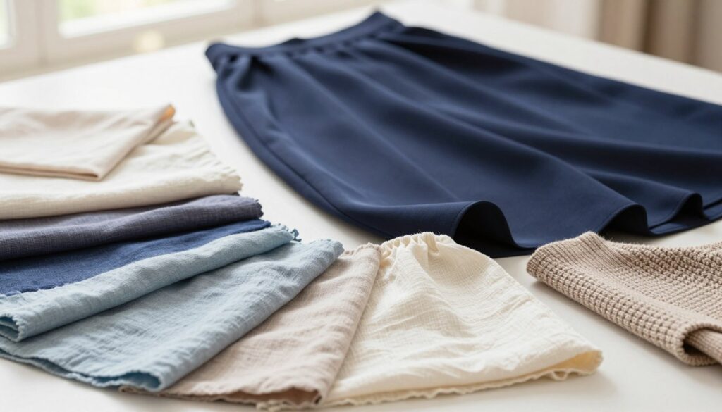 A serene flat lay of various fabrics suitable for pairing with a navy skirt, including luxurious silk, airy linen, eco-friendly lyocell, soft cotton, and textured knit. The foreground features neatly arranged swatches of these materials in inviting colors that enhance navy, such as soft pastels and warm neutrals. The middle ground showcases a stylish navy skirt draped elegantly, hinting at potential outfits. The background is a soft, blurred setting with natural light streaming in, adding warmth and a sense of coziness. The overall atmosphere should evoke sophistication and style, perfect for fashion enthusiasts exploring material choices. Use a shallow depth of field to focus on the textures of the fabrics, ensuring a clean, polished aesthetic without any text or distractions.