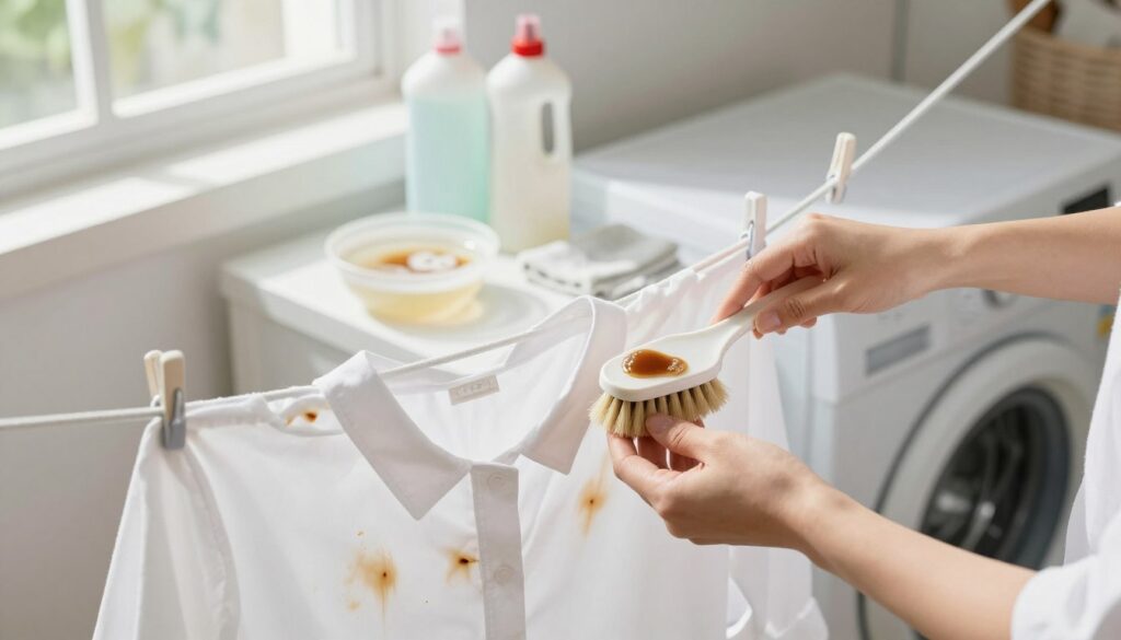 A serene laundry scene capturing a step-by-step process of removing coffee stains from a white blouse. In the foreground, a white blouse hangs on a clothesline, showing faint coffee stains. Nearby, a pair of hands delicately apply a stain remover with a brush, showcasing the meticulous care taken in the process. In the middle, a well-organized laundry station features various cleaning products, a small bowl of warm water with soap bubbles, and a soft cloth. The background depicts a bright and airy laundry room with natural light streaming through a window, casting soft shadows. The atmosphere is calm and focused, evoking a sense of practicality and reassurance. The angle is slightly above eye level, creating a comprehensive view of the cleaning actions underway.