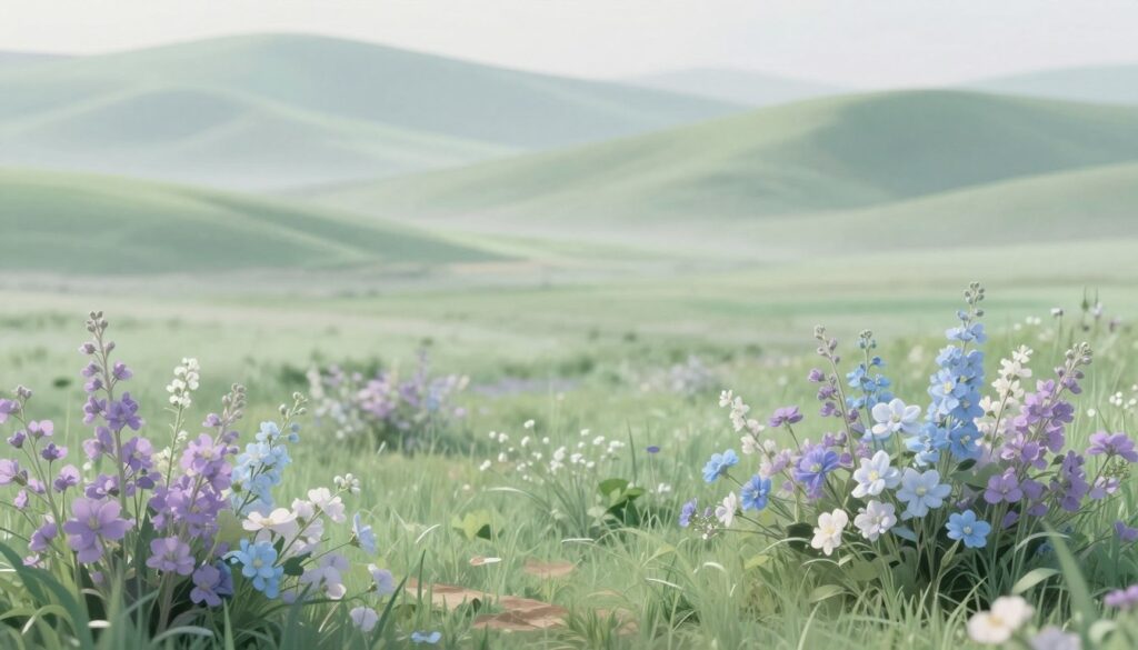 A serene pastel green landscape featuring soft gradients of green hues, from mint to sage, merged seamlessly with delicate touches of lavender and pale blue. In the foreground, include a beautifully arranged bouquet of flowers in cool pastel shades, such as lilac and baby blue, complementing the greenery. The middle ground showcases a tranquil meadow under soft, diffused daylight, casting gentle shadows that enhance the peaceful atmosphere. The background should be a blurred depiction of distant rolling hills, cloaked in mist, evoking a sense of calm. Use a wide-angle lens perspective to capture the expansive feeling of the scene. Overall, the atmosphere is gentle and inviting, embodying a delicate aesthetic suitable for fashion inspiration.