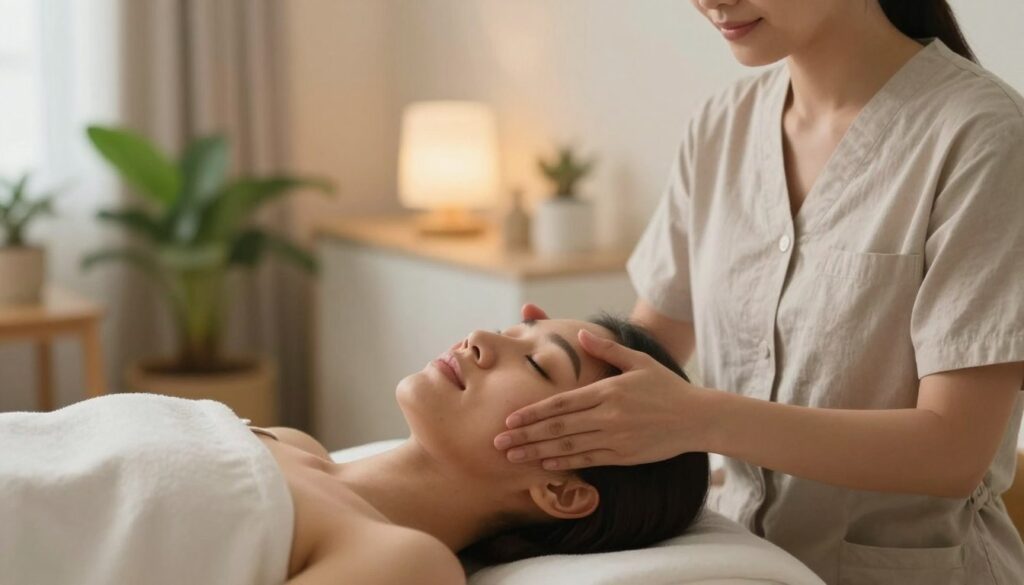 A serene scene featuring a professional therapist performing a facial relaxation massage on a client. The client, a person of diverse ethnicity, is seated comfortably in a softly lit room, adorned with calming decor such as plants and gentle lighting. The therapist, wearing modest casual clothing, gently applies techniques to relieve facial tension, focusing on the forehead and jaw, conveying a sense of tranquility. In the background, soothing colors create a peaceful atmosphere, while a subtle bokeh effect blurs any distractions. The lighting is warm and soft, emphasizing the soothing nature of the massage, with an angle that captures the intimacy of the moment, highlighting the peaceful expressions on both faces.